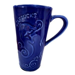 Starbucks Coffee Travel Tumbler Mug Cobalt Blue Glaze Raised Siren Mermaid Lid